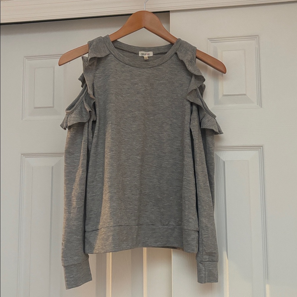 Gray Ruffle Open Shoulder Long Sleeve Top